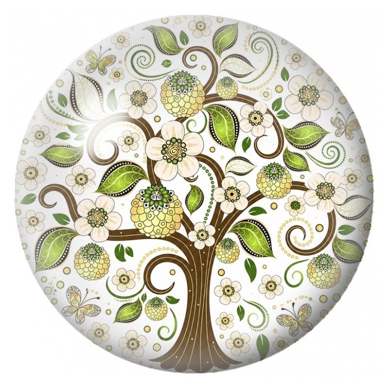 Cabochon en Verre Illustré Arbre aux Fleurs et aux Spirales 12 à 25mm