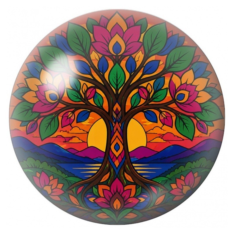 Cabochon en Verre Illustré Arbre aux Lotus du Soleil Couchant 12 à 25mm