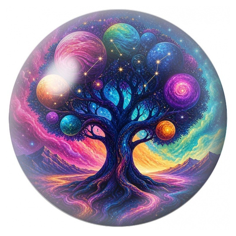 Cabochon en Verre Illustré Arbre Cosmique aux Planètes 12 à 25mm