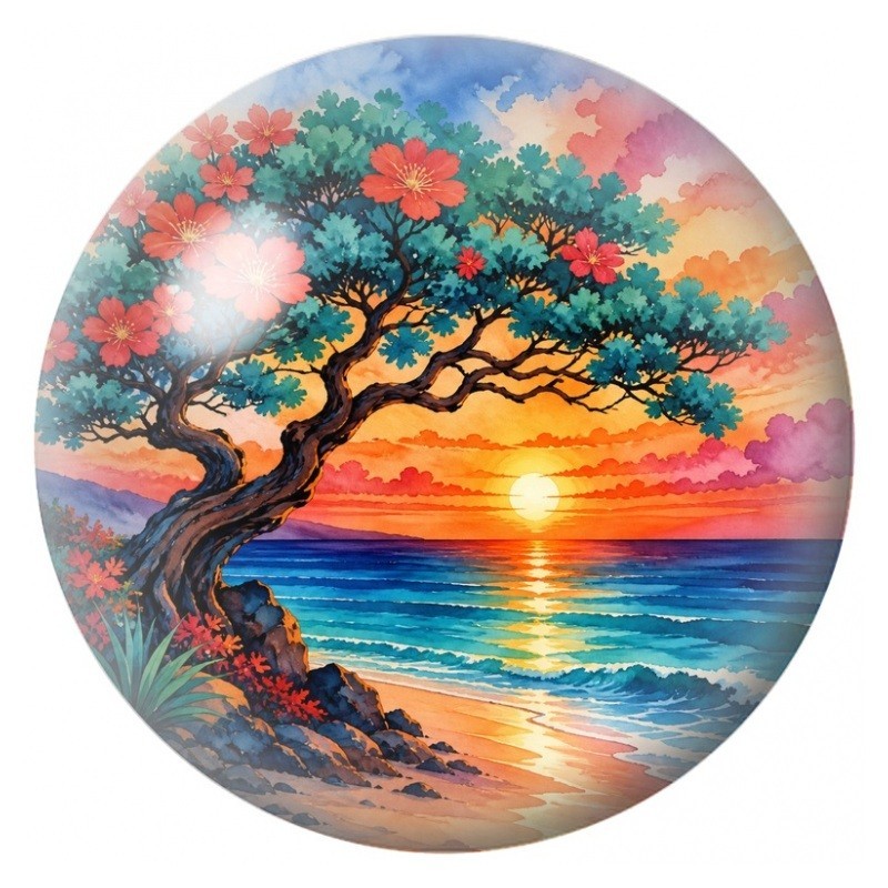 Cabochon en Verre Illustré Arbre Fleuri au Bord de la Mer 12 à 25mm