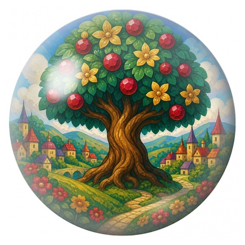 Cabochon en Verre Illustré Arbre aux Fruits dans un Village 12 à 25mm