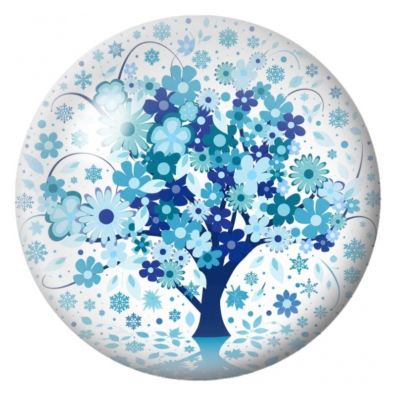 Cabochon en Verre Illustré Arbre Hivernal aux Fleurs Bleues 12 à 25mm