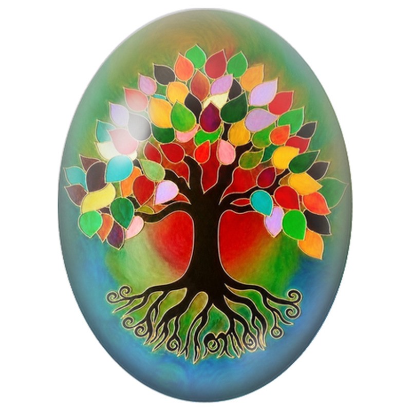 Cabochon en Verre Illustré Arbre aux Feuilles Multicolores sur Halo Coloré 13x18, 18x25 ou 30x40mm