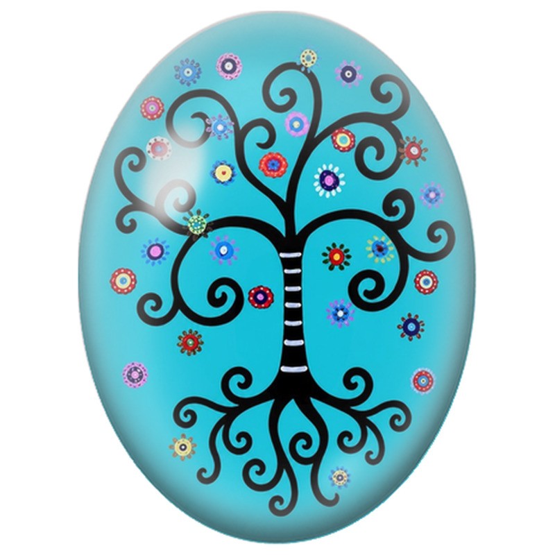 Cabochon en Verre Illustré Arbre aux Fleurs Colorées sur Fond Turquoise 13x18, 18x25 ou 30x40mm