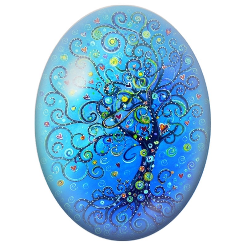 Cabochon en Verre Illustré Arbre Bleu aux Spirales et Petits Cœurs 13x18, 18x25 ou 30x40mm