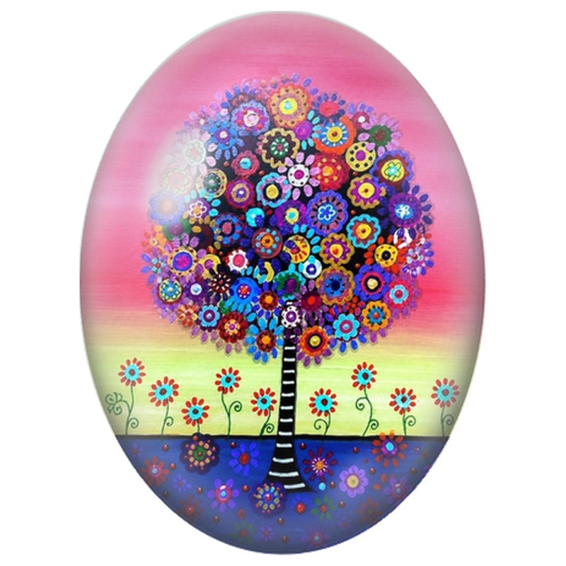 Cabochon en Verre Illustré Arbre Fleuri aux Couleurs de l’Été 13x18, 18x25 ou 30x40mm