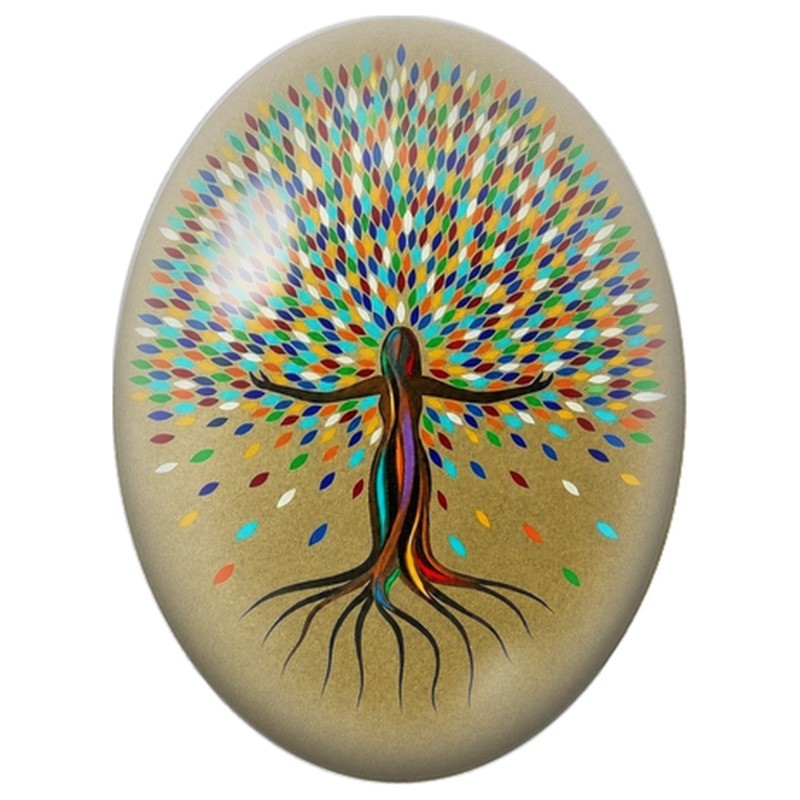 Cabochon en Verre Illustré Arbre de Vie aux Feuilles Multicolores 13x18, 18x25 ou 30x40mm