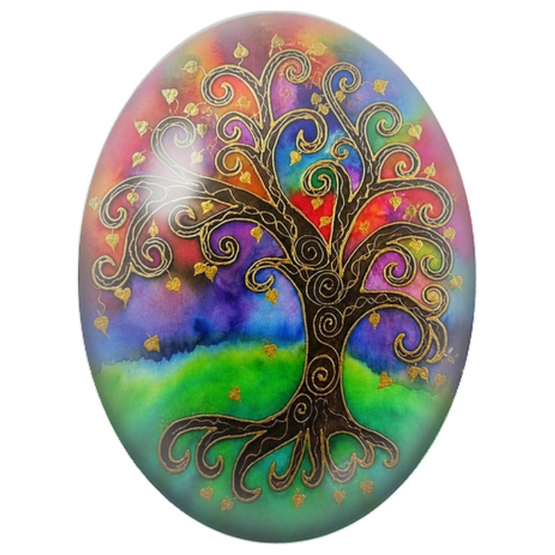 Cabochon en Verre Illustré Arbre Fantaisie aux Feuilles Dorées 13x18, 18x25 ou 30x40mm