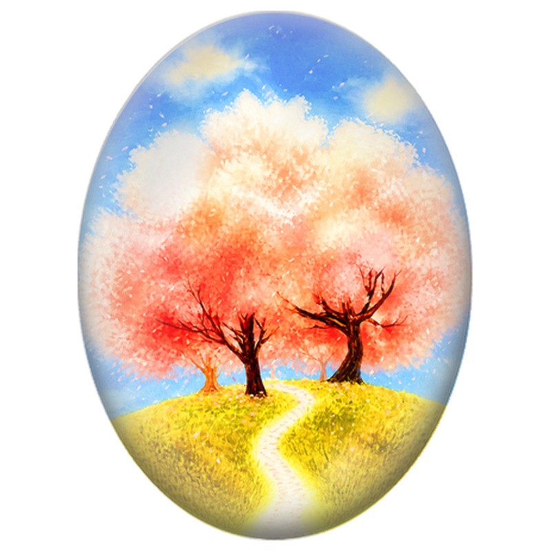 Cabochon en Verre Illustré Chemin aux Arbres en Fleurs 13x18, 18x25 ou 30x40mm