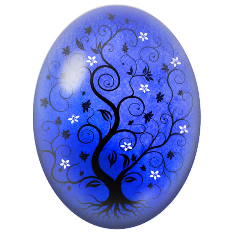 Cabochon en Verre Illustré Arbre Bleu aux Fleurs Blanches 13x18, 18x25 ou 30x40mm