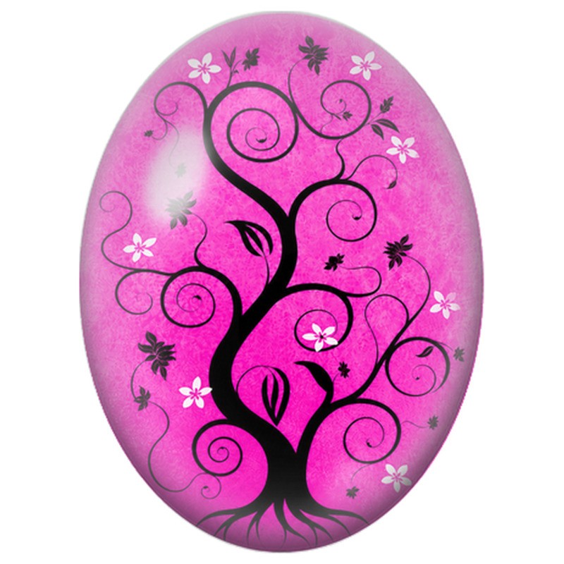 Cabochon en Verre Illustré Arbre aux Fleurs Blanches sur Rose 13x18, 18x25 ou 30x40mm