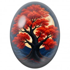 Cabochon en Verre Illustré Chêne Rouge sous la Lune 13x18, 18x25 ou 30x40mm pour la Création de Bijoux Fantaisie - DIY
