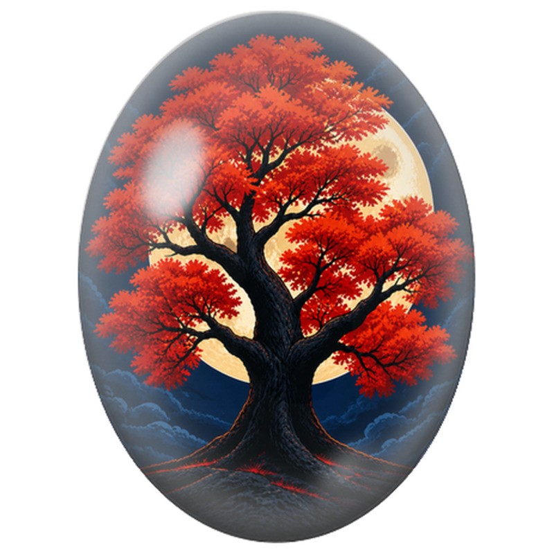 Cabochon en Verre Illustré Chêne Rouge sous la Lune 13x18, 18x25 ou 30x40mm