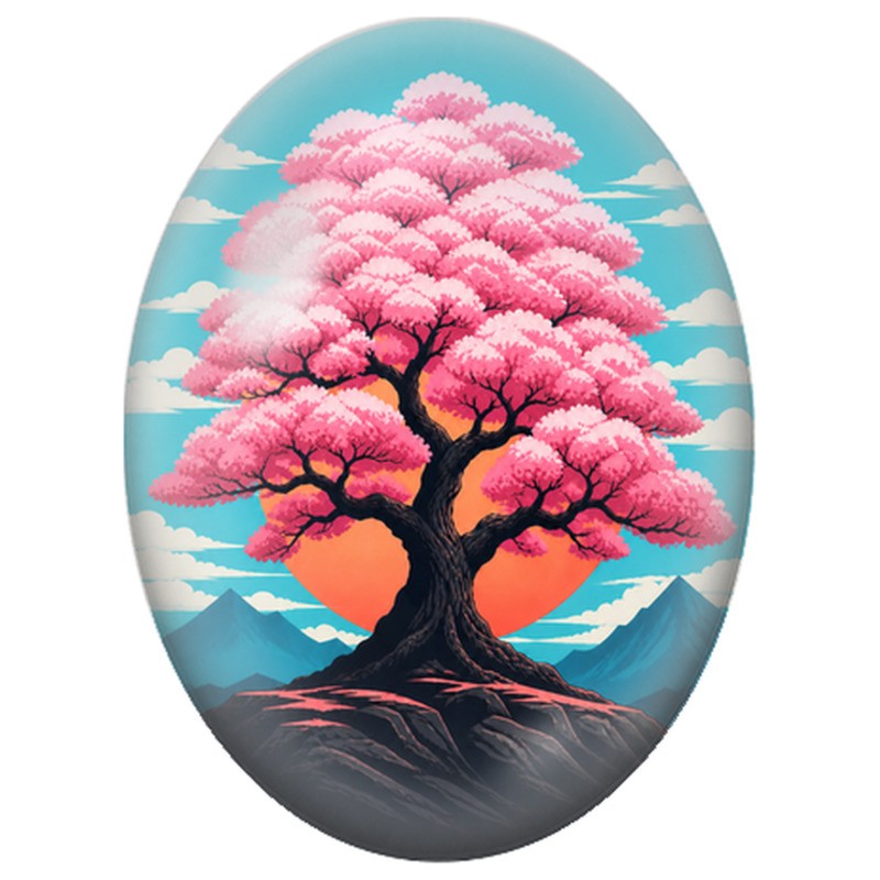 Cabochon en Verre Illustré Arbre Rose au Soleil Couchant 13x18, 18x25 ou 30x40mm