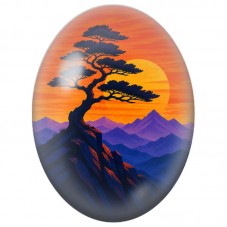 Cabochon en Verre Illustré Bonsaï au Soleil Couchant 13x18, 18x25 ou 30x40mm pour la Création de Bijoux Fantaisie - DIY