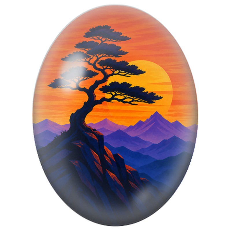 Cabochon en Verre Illustré Bonsaï au Soleil Couchant 13x18, 18x25 ou 30x40mm