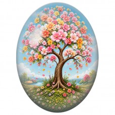 Cabochon en Verre Illustré Arbre Fleuri au Lac et aux Montagnes 13x18, 18x25 ou 30x40mm pour la Création de Bijoux Fantaisie - D