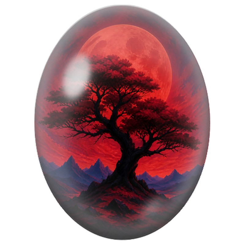 Cabochon en Verre Illustré Arbre Rouge sous une Lune Écarlate 13x18, 18x25 ou 30x40mm