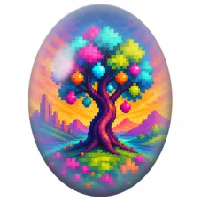 Cabochon en Verre Illustré Arbre Pixel aux Fleurs Vives 13x18, 18x25 ou 30x40mm pour la Création de Bijoux Fantaisie - DIY