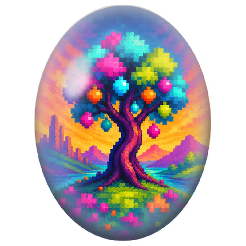 Cabochon en Verre Illustré Arbre Pixel aux Fleurs Vives 13x18, 18x25 ou 30x40mm