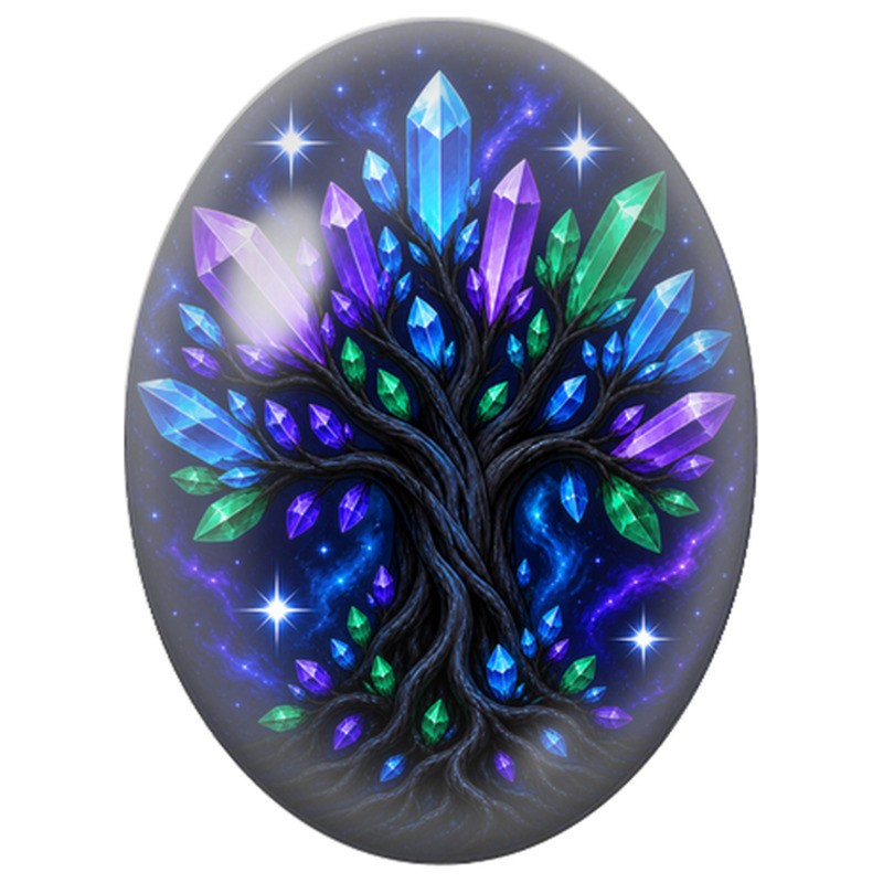 Cabochon en Verre Illustré Arbre aux Cristaux 13x18, 18x25 ou 30x40mm