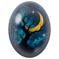 Cabochon en Verre Illustré Arbre au Croissant de Lune 13x18, 18x25 ou 30x40mm pour la Création de Bijoux Fantaisie - DIY