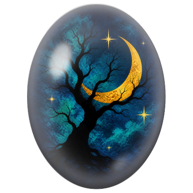 Cabochon en Verre Illustré Arbre au Croissant de Lune 13x18, 18x25 ou 30x40mm