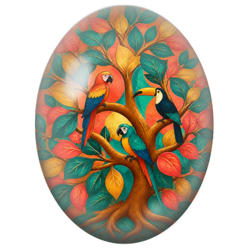 Cabochon en Verre Illustré Arbre aux Perroquets 13x18, 18x25 ou 30x40mm