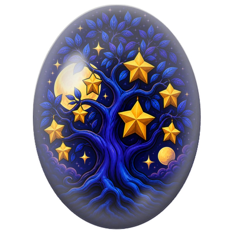 Cabochon en Verre Illustré Arbre aux Étoiles Dorées 13x18, 18x25 ou 30x40mm