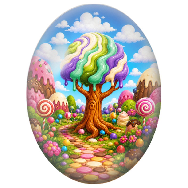 Cabochon en Verre Illustré Arbre aux Confiseries Multicolores 13x18, 18x25 ou 30x40mm