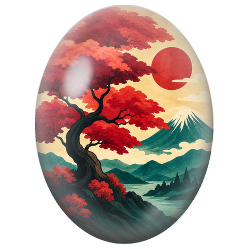 Cabochon en Verre Illustré Bonsaï Japonais au Soleil Rouge 13x18, 18x25 ou 30x40mm