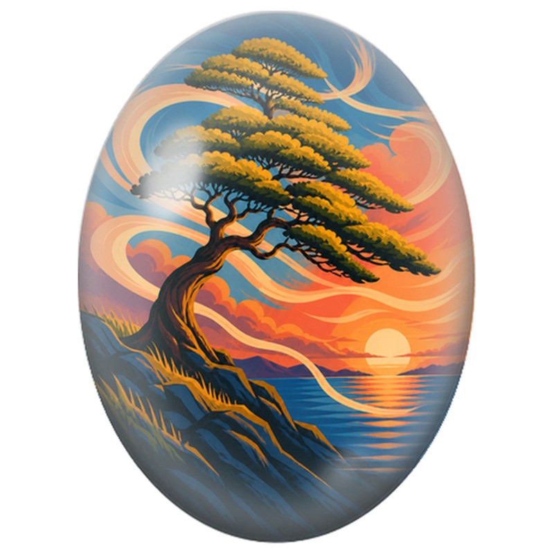 Cabochon en Verre Illustré Bonsaï au Bord de la Mer 13x18, 18x25 ou 30x40mm
