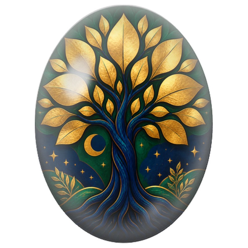 Cabochon en Verre Illustré Arbre aux Feuilles d’Or 13x18, 18x25 ou 30x40mm