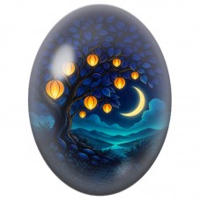 Cabochon en Verre Illustré Arbre Bleu aux Lanternes 13x18, 18x25 ou 30x40mm pour la Création de Bijoux Fantaisie - DIY