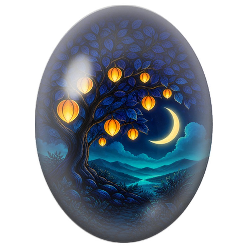 Cabochon en Verre Illustré Arbre Bleu aux Lanternes 13x18, 18x25 ou 30x40mm
