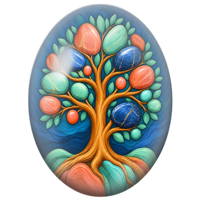 Cabochon en Verre Illustré Arbre aux Pierres Colorées 13x18, 18x25 ou 30x40mm