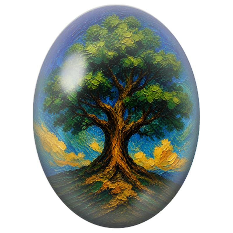 Cabochon en Verre Illustré Arbre Peint au Ciel Bleu 13x18, 18x25 ou 30x40mm