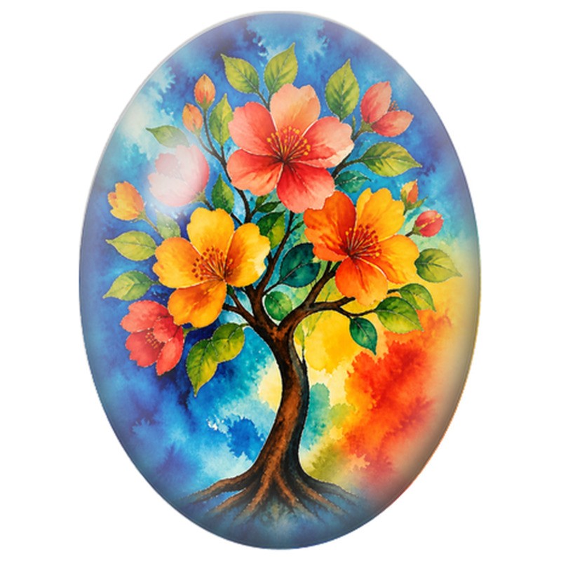 Cabochon en Verre Illustré Arbre aux Fleurs Exotiques 13x18, 18x25 ou 30x40mm