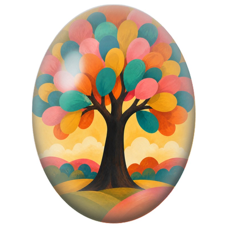Cabochon en Verre Illustré Arbre aux Feuilles Colorées 13x18, 18x25 ou 30x40mm