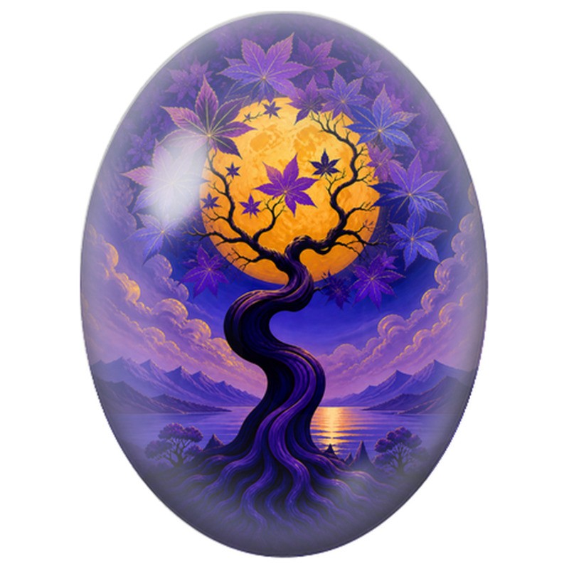 Cabochon en Verre Illustré Arbre aux Feuilles Violettes 13x18, 18x25 ou 30x40mm