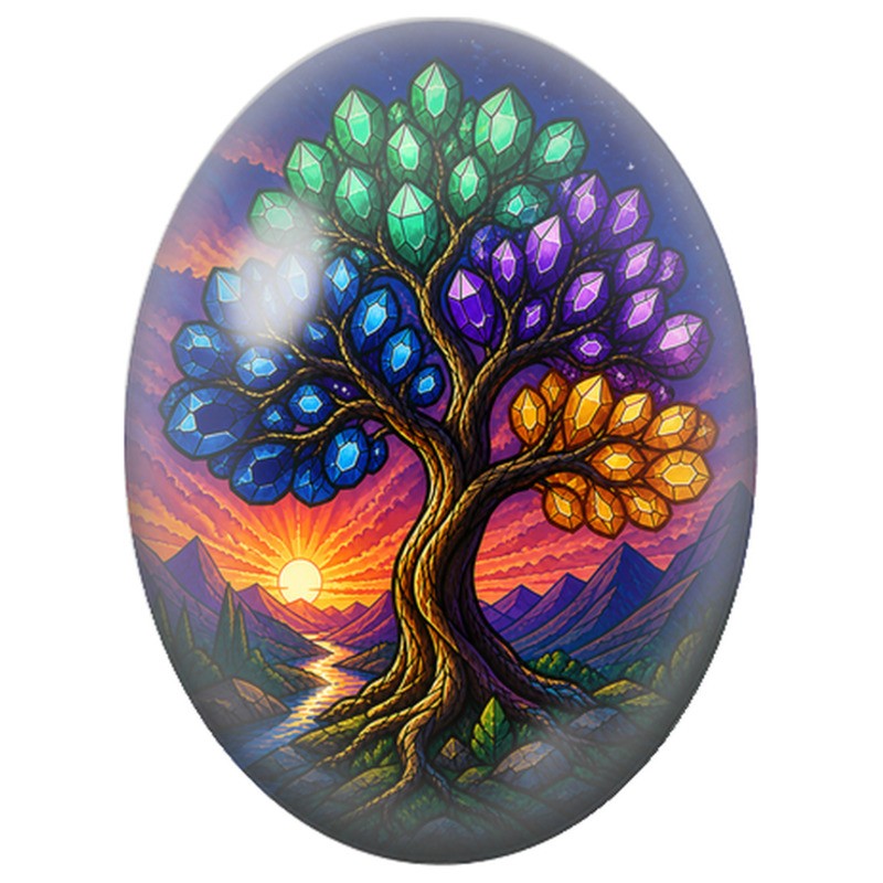Cabochon en Verre Illustré Arbre aux Cristaux Colorés 13x18, 18x25 ou 30x40mm