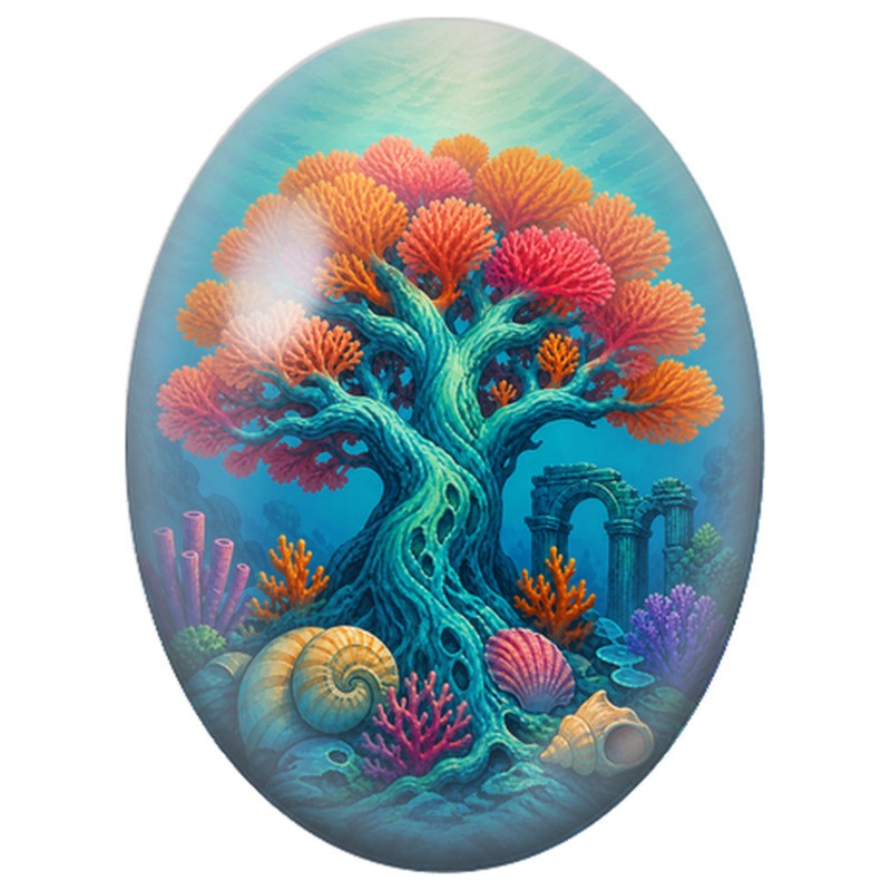 Cabochon en Verre Illustré Arbre Corail aux Coquillages 13x18, 18x25 ou 30x40mm
