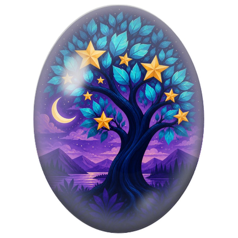 Cabochon en Verre Illustré Arbre aux Étoiles Dorées sur Lac Violet 13x18, 18x25 ou 30x40mm