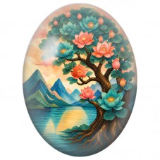Cabochon en Verre Illustré Arbre aux Lotus 13x18, 18x25 ou 30x40mm pour la Création de Bijoux Fantaisie - DIY