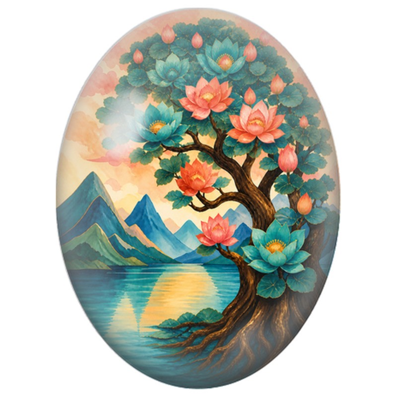 Cabochon en Verre Illustré Arbre aux Lotus 13x18, 18x25 ou 30x40mm