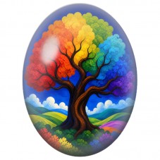 Cabochon en Verre Illustré Arbre Arc-en-Ciel Fleuri 13x18, 18x25 ou 30x40mm pour la Création de Bijoux Fantaisie - DIY