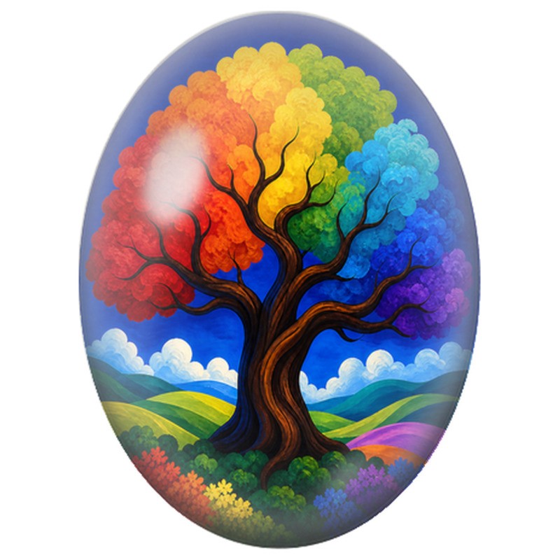 Cabochon en Verre Illustré Arbre Arc-en-Ciel Fleuri 13x18, 18x25 ou 30x40mm
