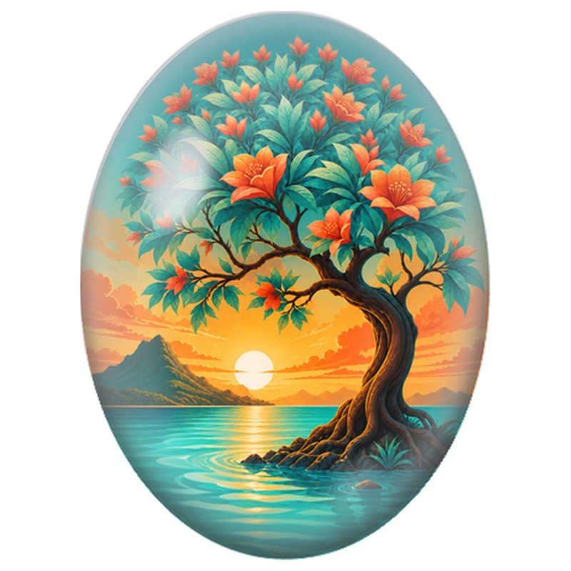 Cabochon en Verre Illustré Arbre Fleuri au Bord de la Mer 13x18, 18x25 ou 30x40mm