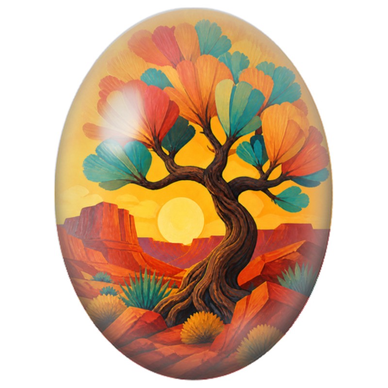 Cabochon en Verre Illustré Arbre aux Feuilles du Désert 13x18, 18x25 ou 30x40mm