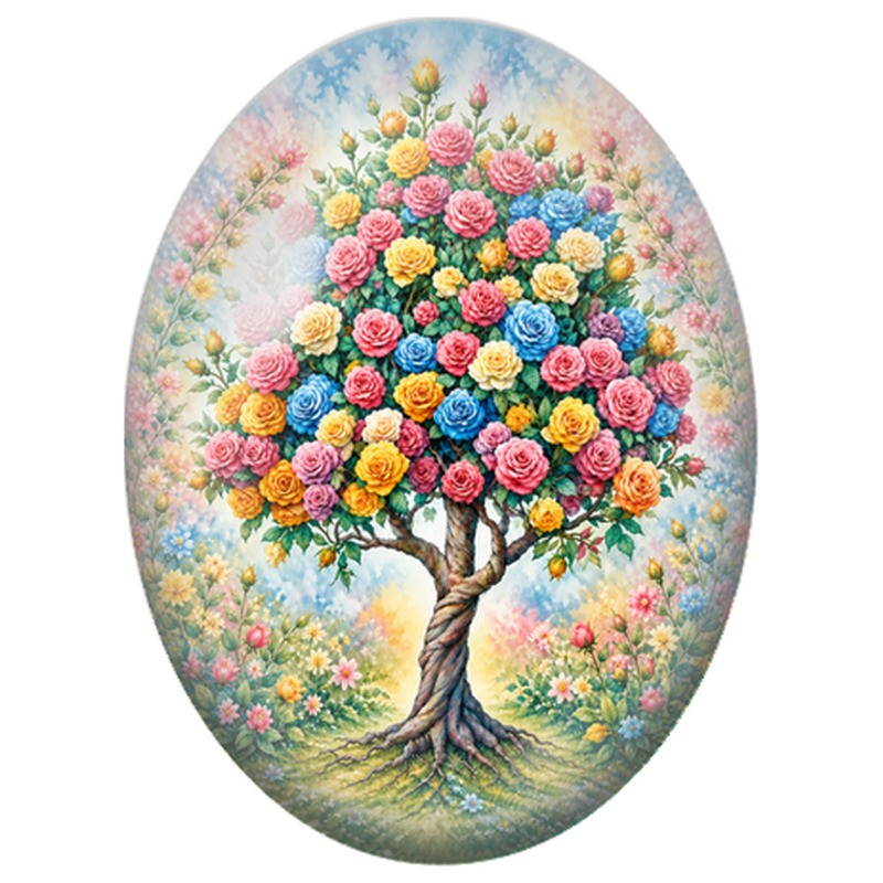 Cabochon en Verre Illustré Arbre aux Roses Multicolores au Tronc Tressé 13x18, 18x25 ou 30x40mm
